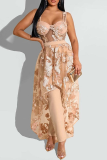 Orange Casual Solid Lace Spaghetti Strap Sleeveless Two Pieces