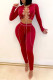 Burgundy Fashion Sexy Solid Bandage Hollowed Out O Neck Long Sleeve Two Pieces