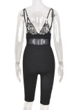 Black Fashion Sexy Patchwork See-through Backless V Neck Skinny Romper