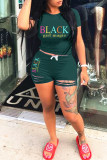 Red Fashion Casual Letter Print Ripped O Neck Short Sleeve Two Pieces