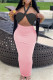 Pink Sexy Casual Patchwork Solid Hollowed Out Backless Halter Strapless Dress