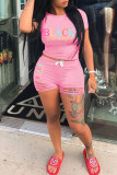 Red Fashion Casual Letter Print Ripped O Neck Short Sleeve Two Pieces