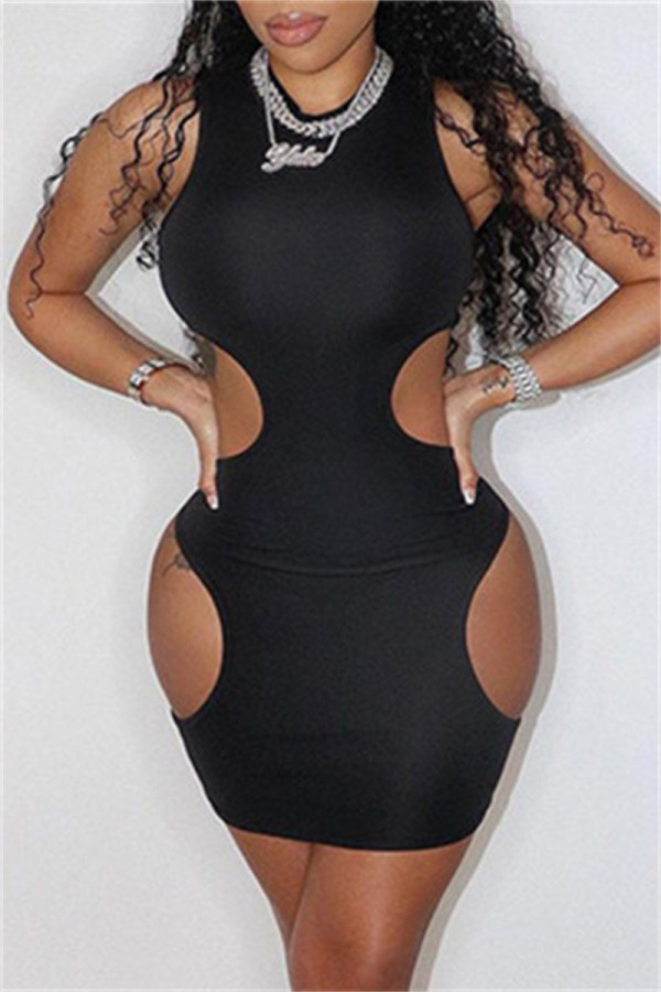 Black Fashion Sexy Solid Hollowed Out O Neck Sleeveless Dress