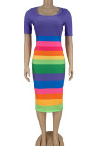 Pink Casual Striped Print Split Joint O Neck Pencil Skirt Dresses