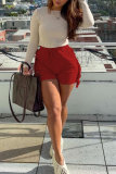 Orange Red Sexy Solid Tassel Skinny Mid Waist Straight Solid Color Bottoms