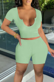 Light Pink Sexy Casual Solid Patchwork U Neck Short Sleeve Two Pieces