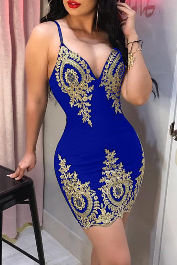 Royal Blue Fashion Sexy Embroidery Backless V Neck Sling Dress