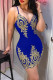 Royal Blue Fashion Sexy Embroidery Backless V Neck Sling Dress