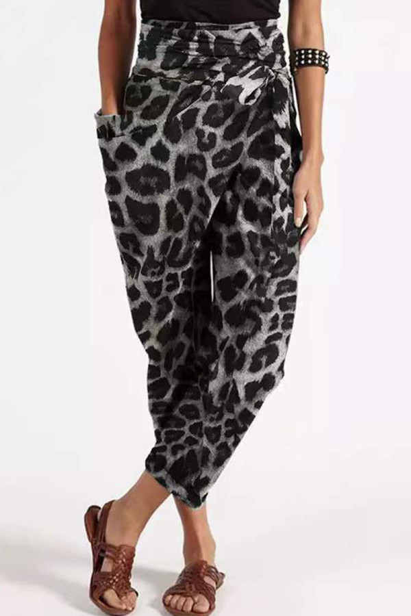 Grey Casual Street Print Leopard Patchwork Loose High Waist Pencil Full Print Bottoms