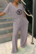 Grey Fashion Casual Print Letter V Neck Loose Jumpsuits