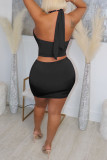 Coffee Fashion Sexy Solid Bandage Backless Halter Sleeveless Two Pieces