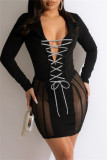 White Fashion Sexy Solid Patchwork See-through V Neck Long Sleeve Dresses