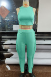 Green Sexy Solid Tassel Patchwork O Neck Sleeveless Two Pieces