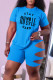Sky Blue Sexy Print Hollowed Out Split Joint O Neck Short Sleeve Two Pieces