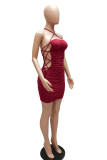 Burgundy Sexy Solid Bandage Patchwork Backless Pencil Skirt Dresses