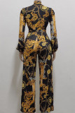 Yellow Casual Print Split Joint V Neck Straight Jumpsuits