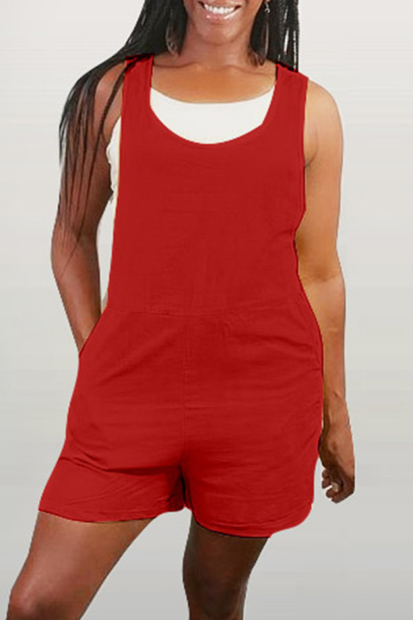 Red Fashion Casual Solid Basic O Neck Regular Romper (Without Vest)