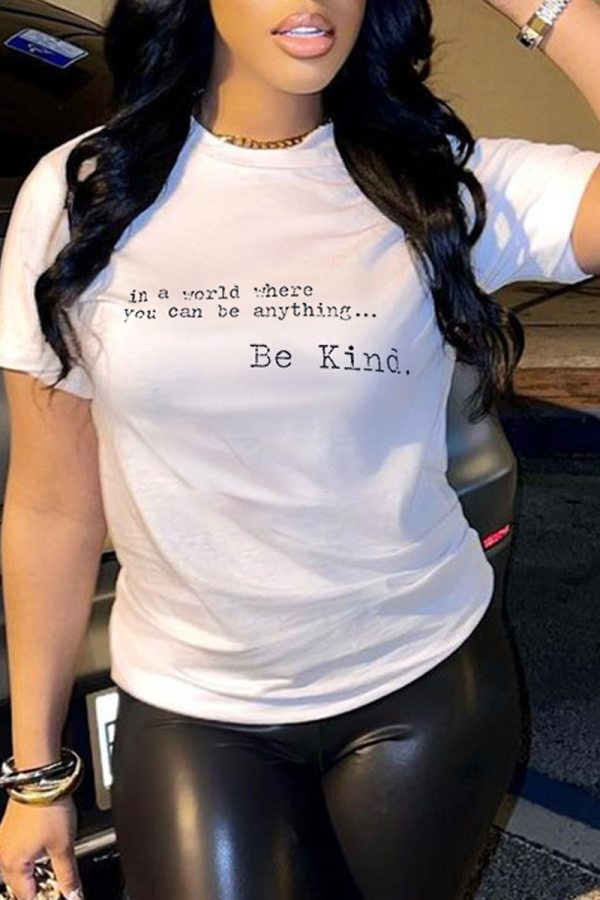 White Fashion Casual Print Patchwork Letter O Neck T-Shirts