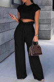 Black Fashion Casual Solid Basic O Neck Short Sleeve Two Pieces