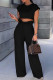 Black Fashion Casual Solid Basic O Neck Short Sleeve Two Pieces