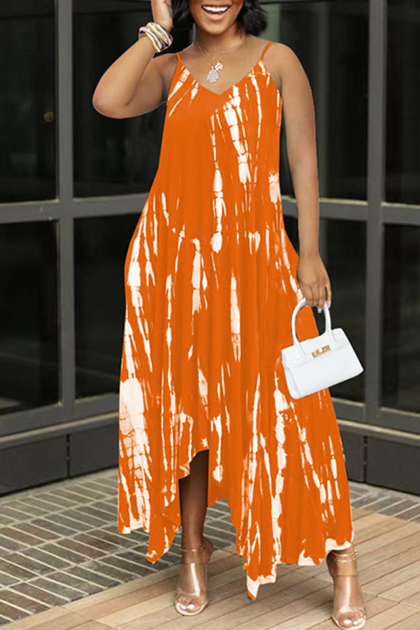 Orange Fashion Casual Print Backless Asymmetrical V Neck Sling Dress