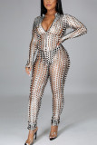 Silver Fashion Street Adult Solid See-through O Neck Skinny Jumpsuits