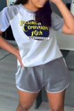 Grey Fashion Casual Print Patchwork O Neck Short Sleeve Two Pieces