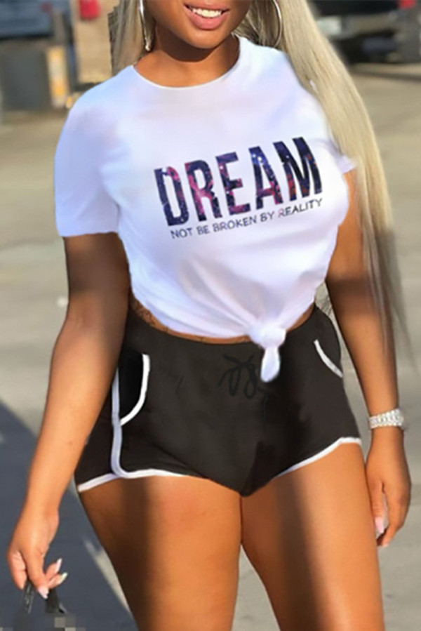 White Fashion Casual Letter Print Basic O Neck Short Sleeve Two Pieces