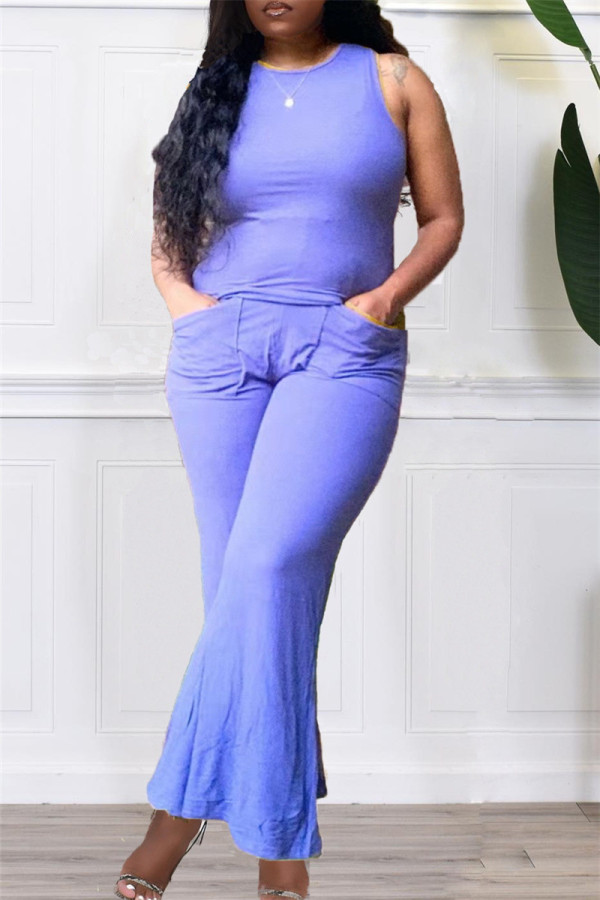 Light Purple Fashion Casual Solid Vests Pants O Neck Sleeveless Two Pieces