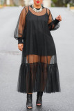 Black Sexy Solid Patchwork See-through O Neck Long Sleeve Two Pieces