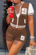 Khaki Fashion Casual Letter Print Patchwork Zipper Collar Short Sleeve Two Pieces
