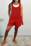 Red Fashion Casual Solid Basic O Neck Regular Romper (Without Vest)