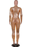 Rose Gold Fashion Street Adult Solid See-through O Neck Skinny Jumpsuits
