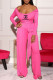 Rose Red Fashion Casual Print Letter O Neck Long Sleeve Two Pieces