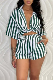 Pink Casual Striped Print Patchwork Buckle Half Sleeve Two Pieces