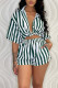 Green Casual Striped Print Patchwork Buckle Half Sleeve Two Pieces
