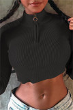 Black Fashion Casual Solid Patchwork Zipper Collar Tops