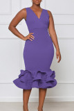 Purple Fashion Sexy Solid Patchwork V Neck Evening Dress
