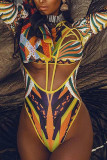 Yellow Sexy Print Bandage Hollowed Out Patchwork Swimwears