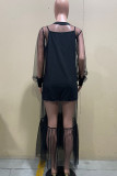 Black Sexy Solid Patchwork See-through O Neck Long Sleeve Two Pieces