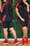 Red Casual Sportswear Solid Patchwork O Neck Short Sleeve Two Pieces