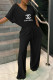 Black Fashion Casual Print Letter V Neck Loose Jumpsuits