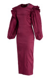 Burgundy Fashion Sexy Solid Patchwork Slit O Neck Lantern Sleeve Evening Dress