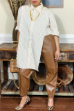 Beige Fashion Casual Striped Asymmetrical Turndown Collar Tops