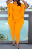 Orange Fashion Casual Solid Basic Turtleneck Short Sleeve Two Pieces