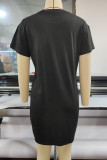 Black Casual Print Patchwork O Neck Short Sleeve Dress Dresses