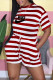Deep Red Fashion Casual Striped Patchwork O Neck Rompers