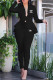 Black Fashion Work Solid Letter Turndown Collar Long Sleeve Two Pieces