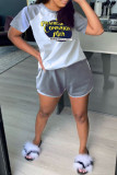 Grey Fashion Casual Print Patchwork O Neck Short Sleeve Two Pieces