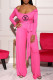 Rose Red Fashion Casual Print Letter O Neck Long Sleeve Two Pieces